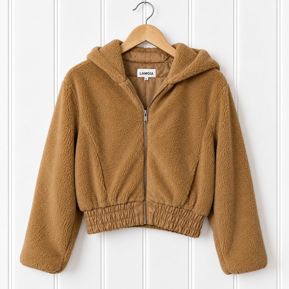 I.AM.GIA Teddy Faux Fur Jacket Womens M Brown Cropped Hooded Zip Coat